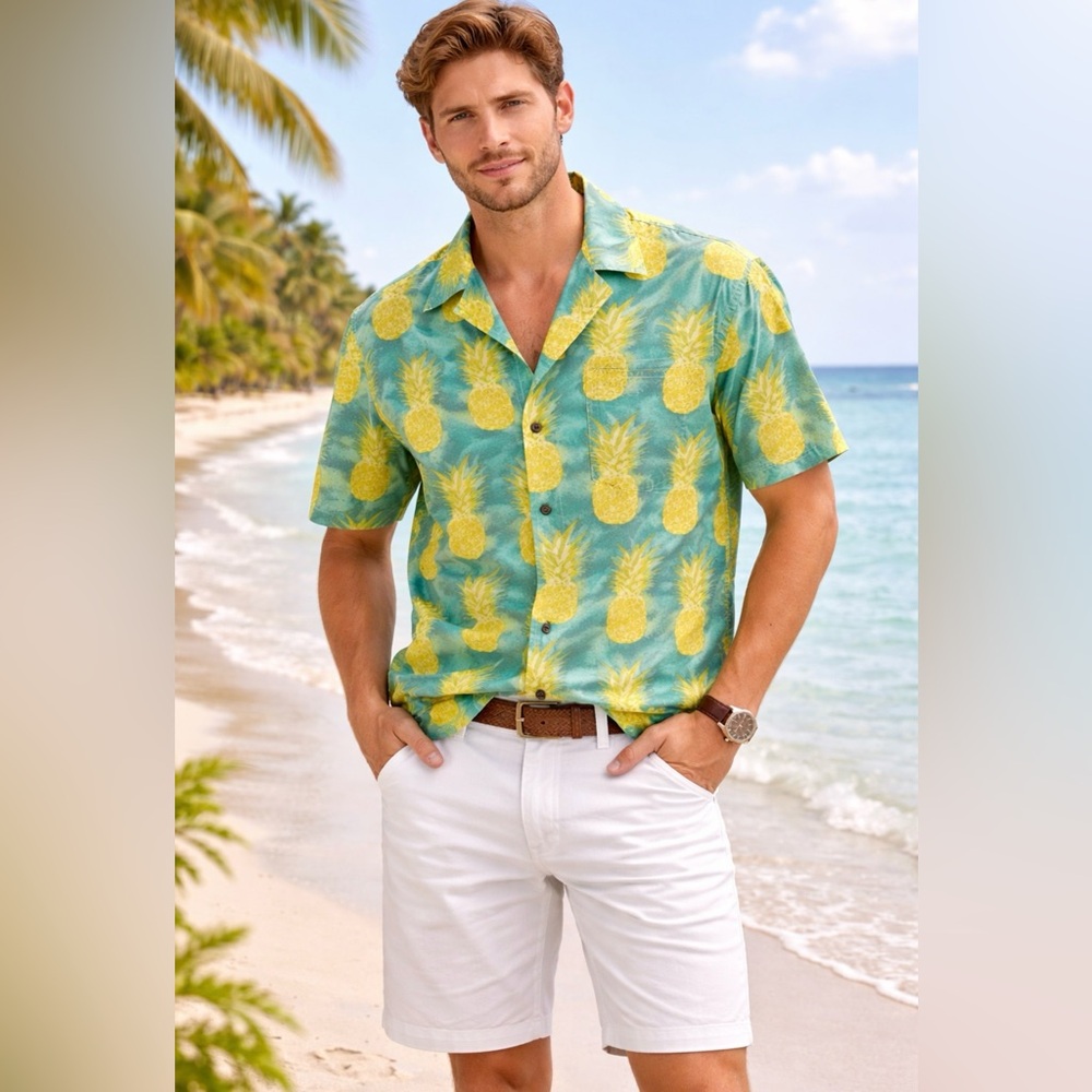Spicy Tuna Men's XL Button Up Shirt pineapple Print Spring resort short sleeve